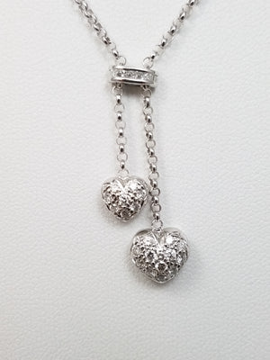 Cute 16" 14k White Gold Natural Diamond Double Heart Dangle Necklace