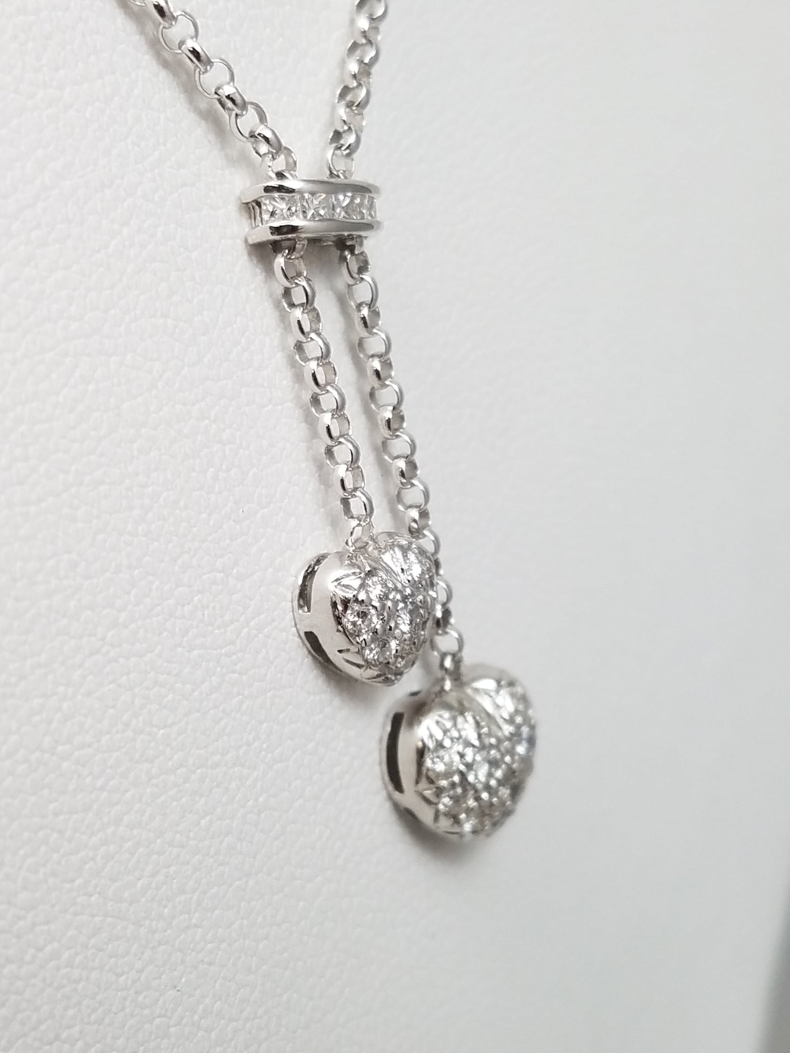 Cute 16" 14k White Gold Natural Diamond Double Heart Dangle Necklace