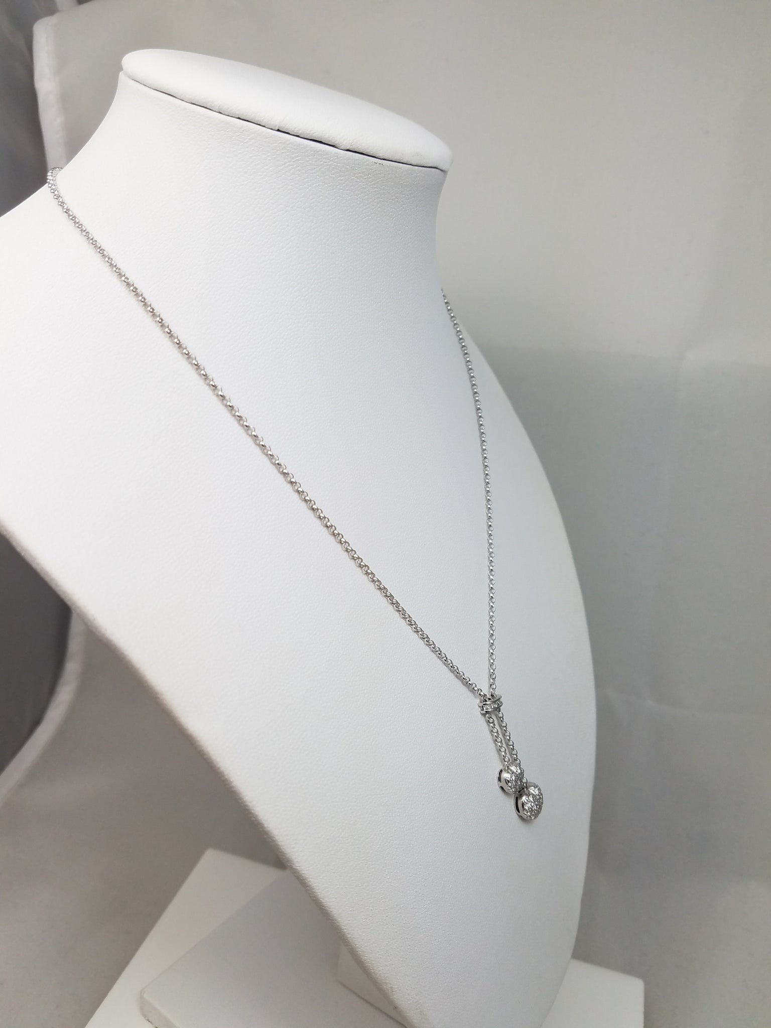 Cute 16" 14k White Gold Natural Diamond Double Heart Dangle Necklace