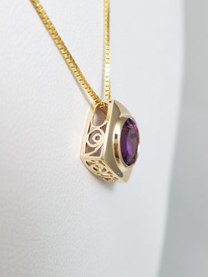 Vibrant 14k Yellow Gold Natural Amethyst Pendant Necklace