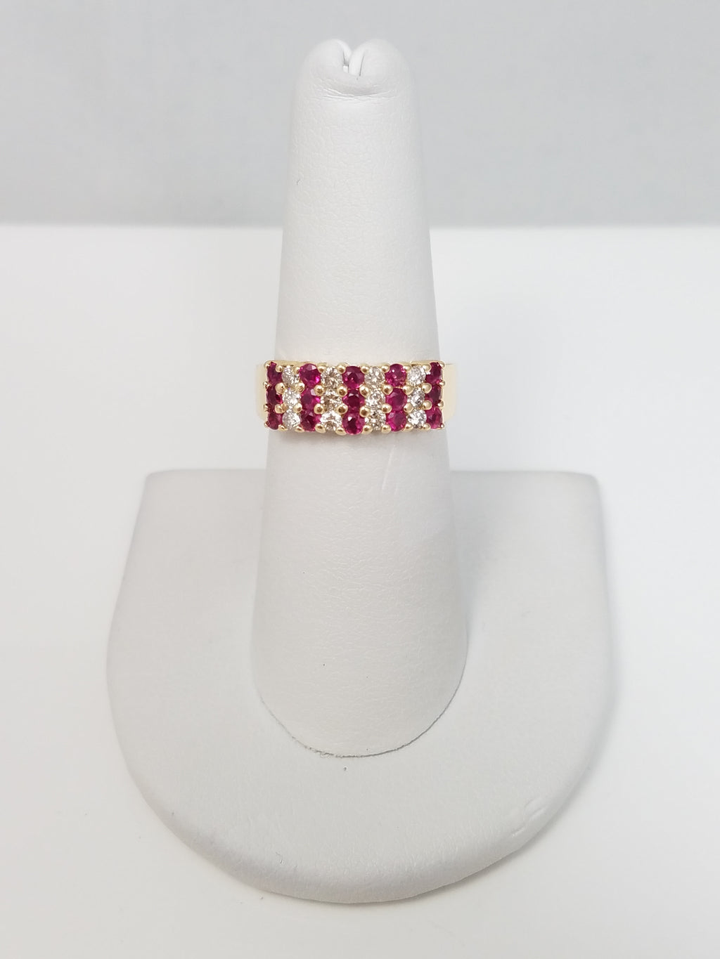 Fancy Natural Ruby + Diamond Three Row 14k Yellow Gold Ring