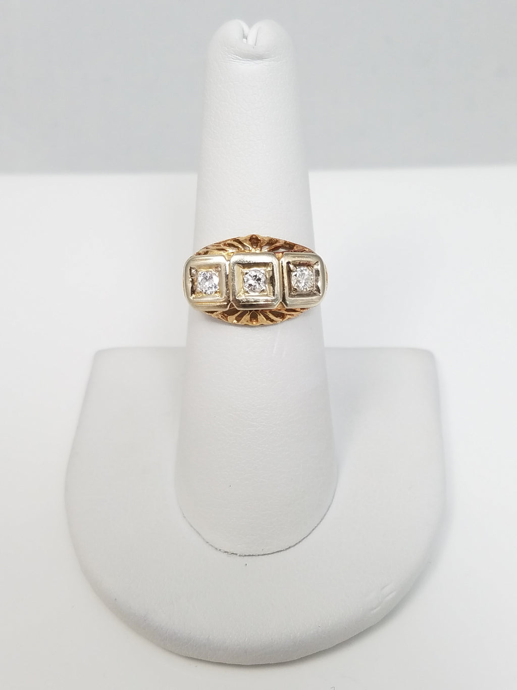 Ornate Vintage 14k Yellow Gold Natural Diamond Three Stone Ring