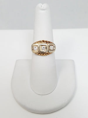 Ornate Vintage 14k Yellow Gold Natural Diamond Three Stone Ring