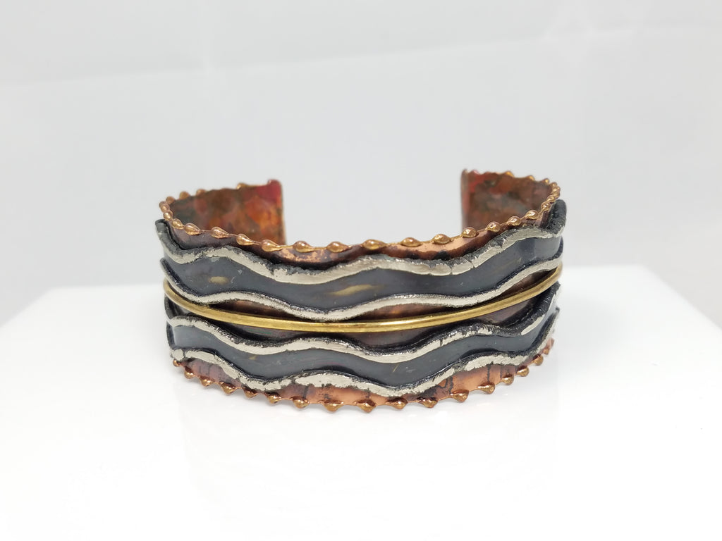 Vintage Handmade Copper, Brass, Sterling Cuff Bracelet