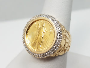 Exceptional 1/10oz. 1988 U.S. Gold Eagle Coin 14k Yellow Gold Natural Diamond Ring