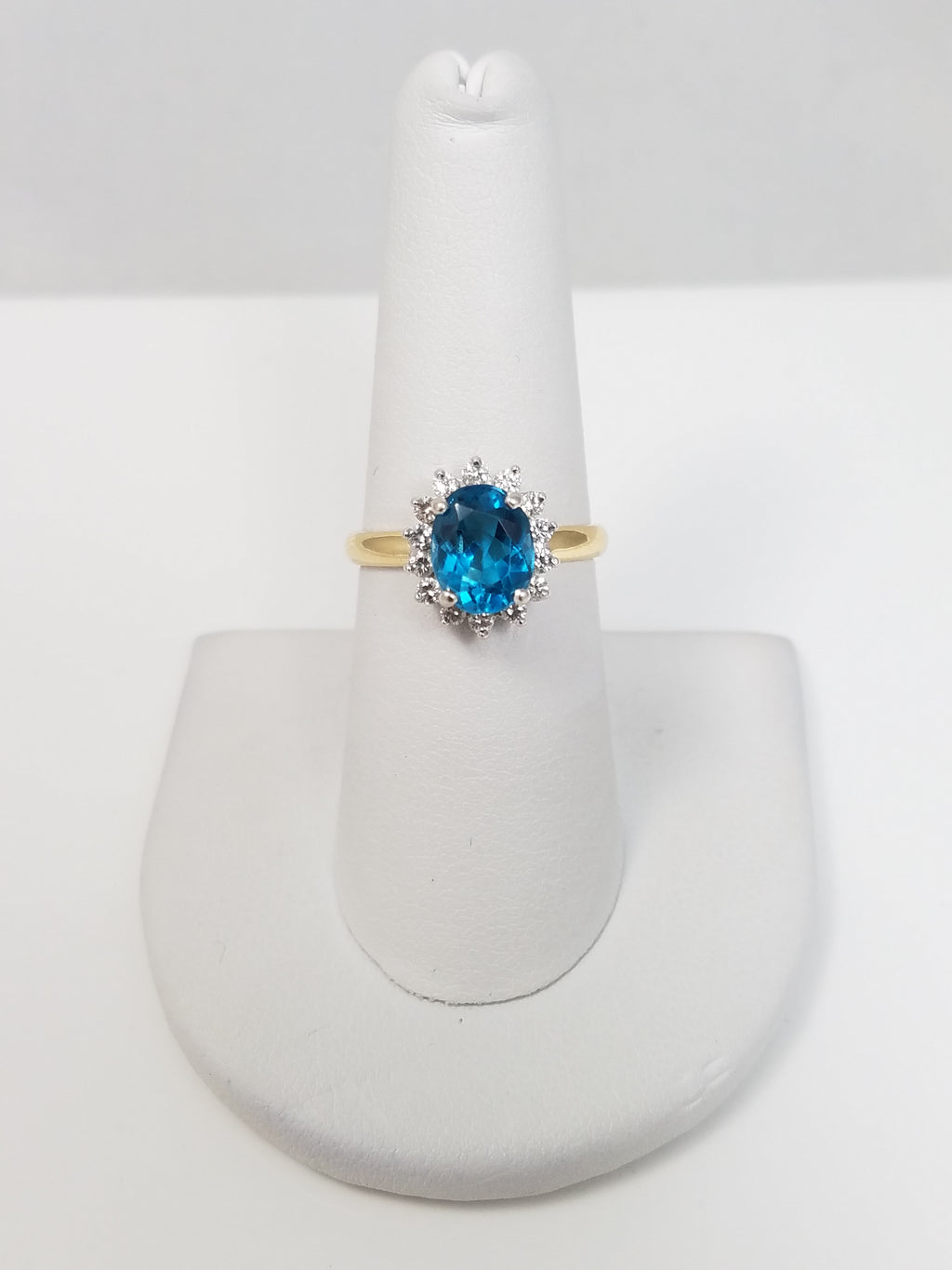 Gorgeous 2ct Natural Blue Topaz Diamond Halo Ring in 14k Yellow Gold