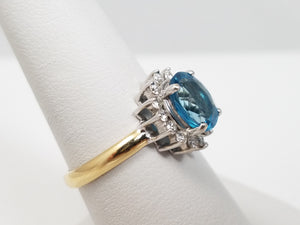 Gorgeous 2ct Natural Blue Topaz Diamond Halo Ring in 14k Yellow Gold