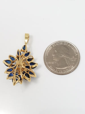 Glamorous 14k Yellow Gold Natural Sapphire Diamond Cluster Pendant