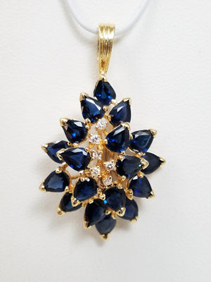 Glamorous 14k Yellow Gold Natural Sapphire Diamond Cluster Pendant