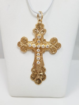 Stunning 14k Yellow Gold Natural Diamond Handmade Cross Pendant