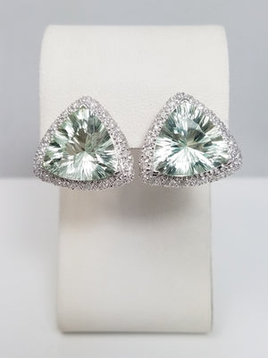 Piercing Fantasy Cut Natural Prasiolite &amp; Natural Diamond 14k White Gold Earrings