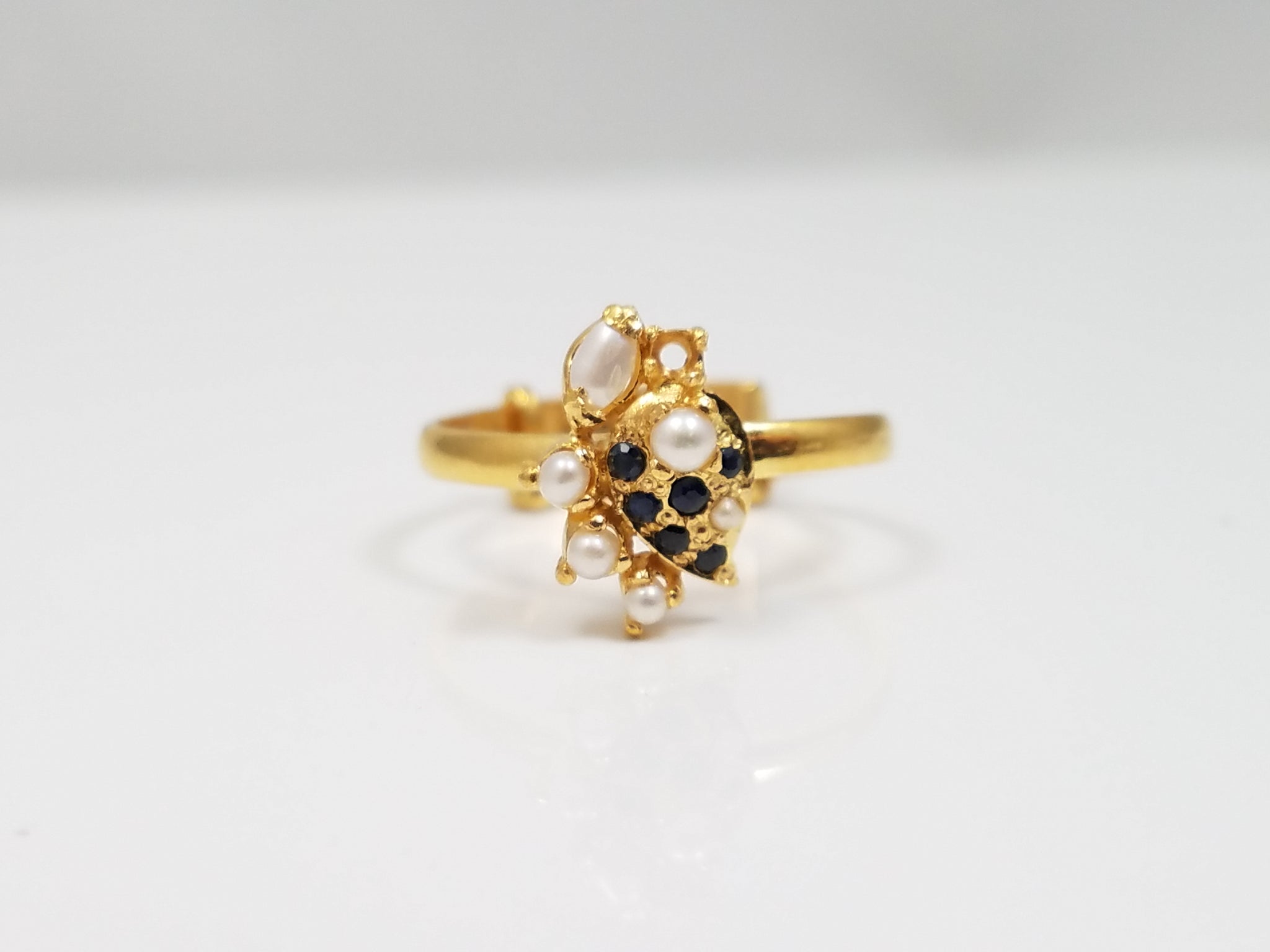 Petite 22k Yellow Gold Cultured Pearl Sapphire Adjustable Ring