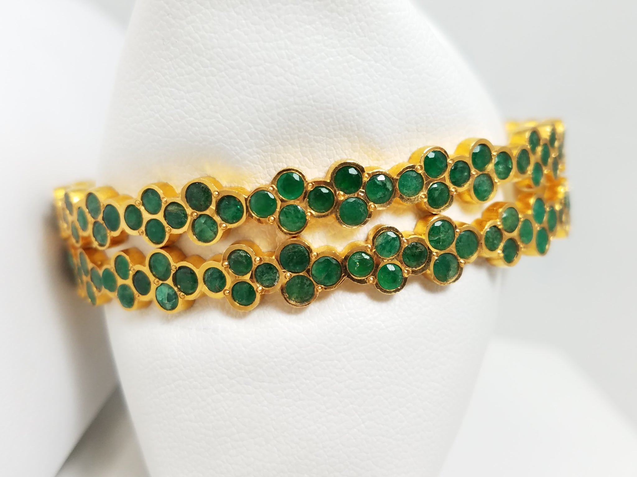 Two Matching Elite 22k Yellow Gold Natural Emerald Solid Bangle Bracelets