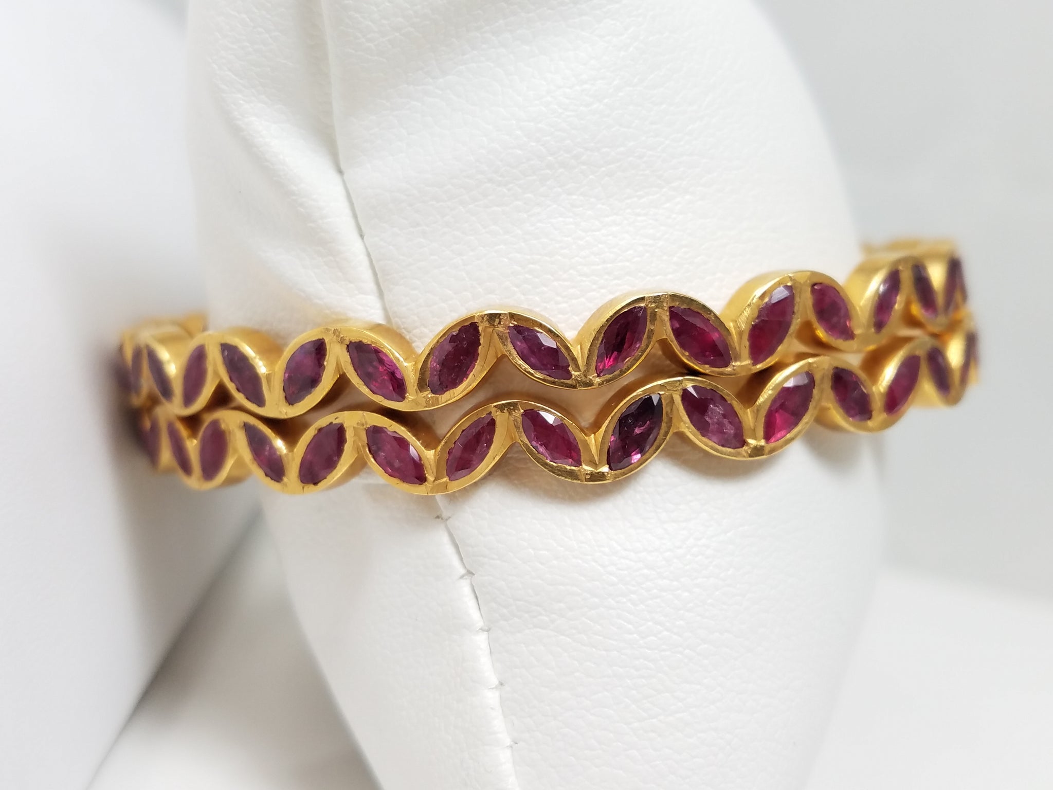 Two Matching 21k Yellow Gold Luxurious Natural Ruby Hand Made Solid Bangle Bracelets