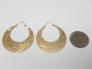 Large 14k Yellow Gold Engraved Hoop Earrings