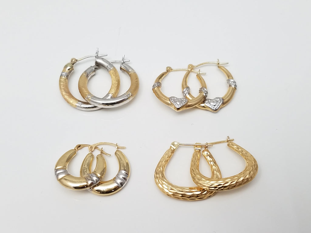 Four Classic Pairs 14k Yellow & White Gold Hollow Hoop Earring Lot