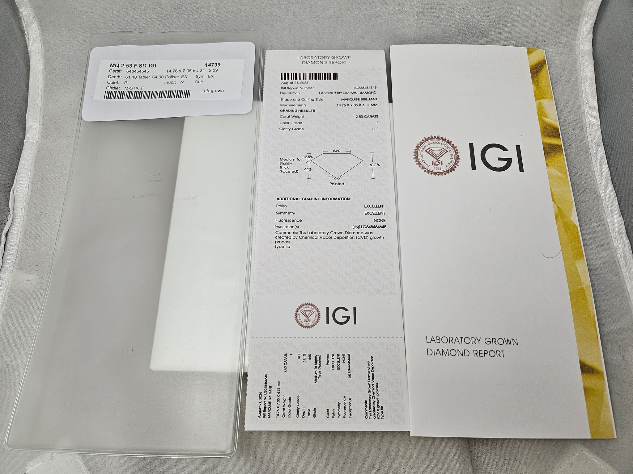 IGI Certified 2.53ct Lab Grown Marquise Brilliant Diamond SI1- F