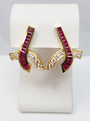 Exquisite 18k Yellow Gold Natural Ruby Diamond Custom Earrings