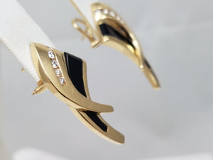 Custom Vintage 14k Yellow Gold Natural Onyx Diamond Dangle Earrings