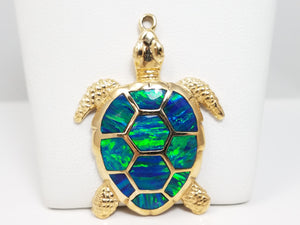 14k Yellow Gold Lab Opal Turtle Pendant