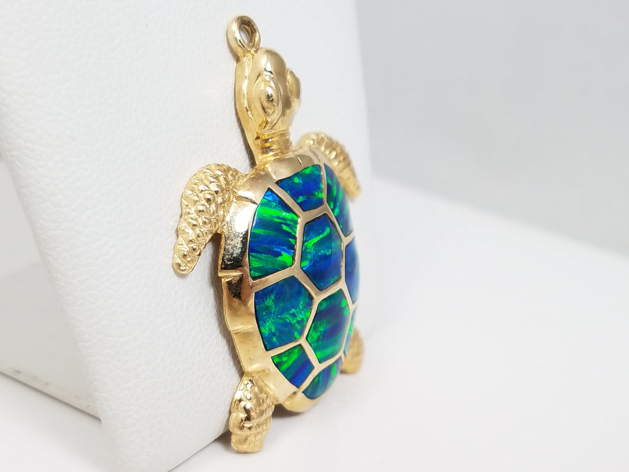 14k Yellow Gold Lab Opal Turtle Pendant