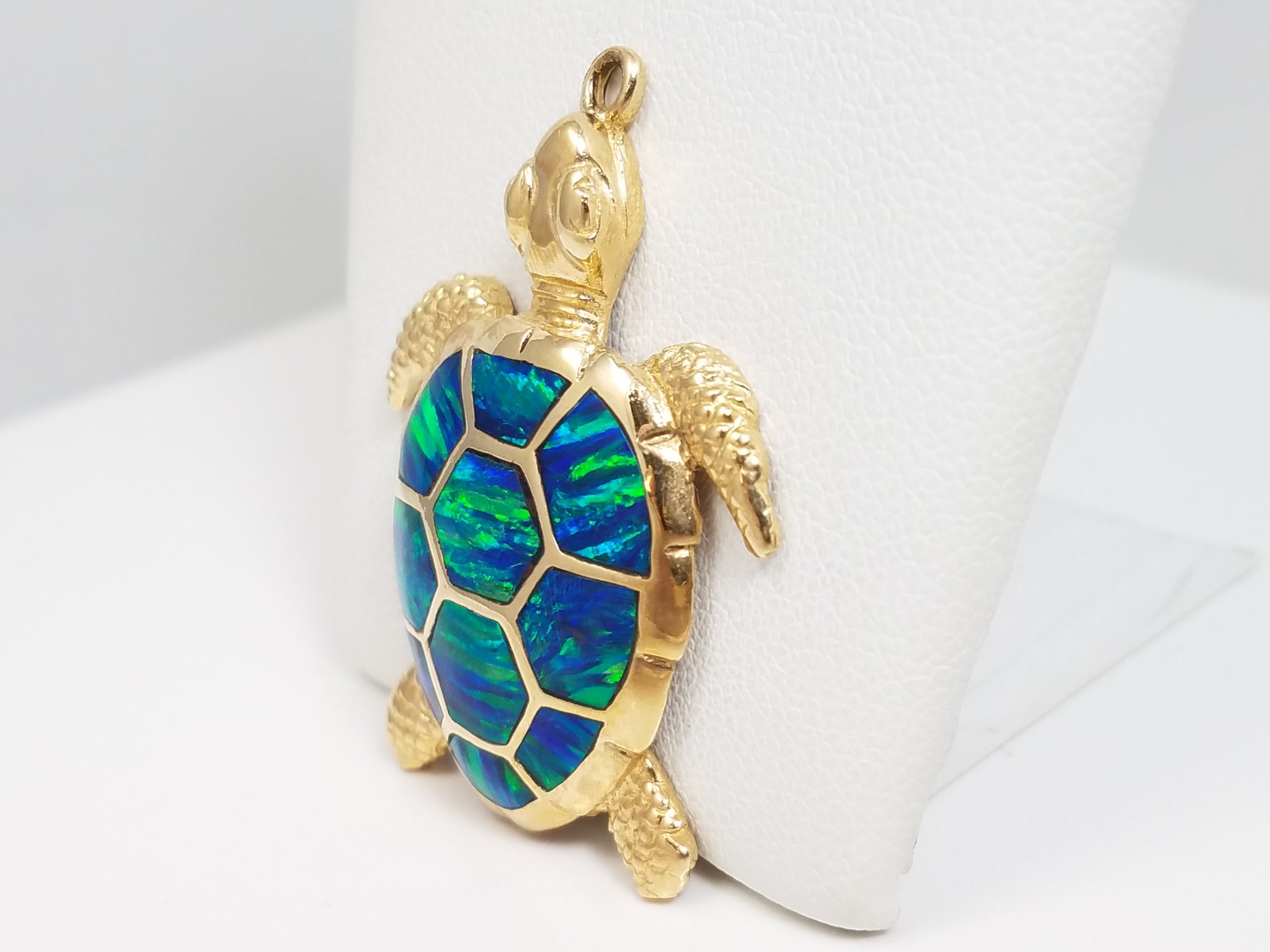 14k Yellow Gold Lab Opal Turtle Pendant