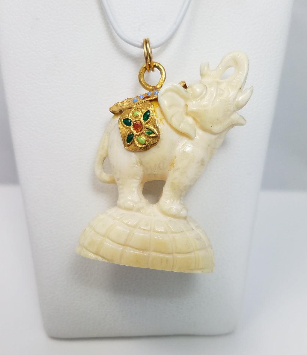 3-D Bone Carving 21k Gold Enamel Elephant Pendant