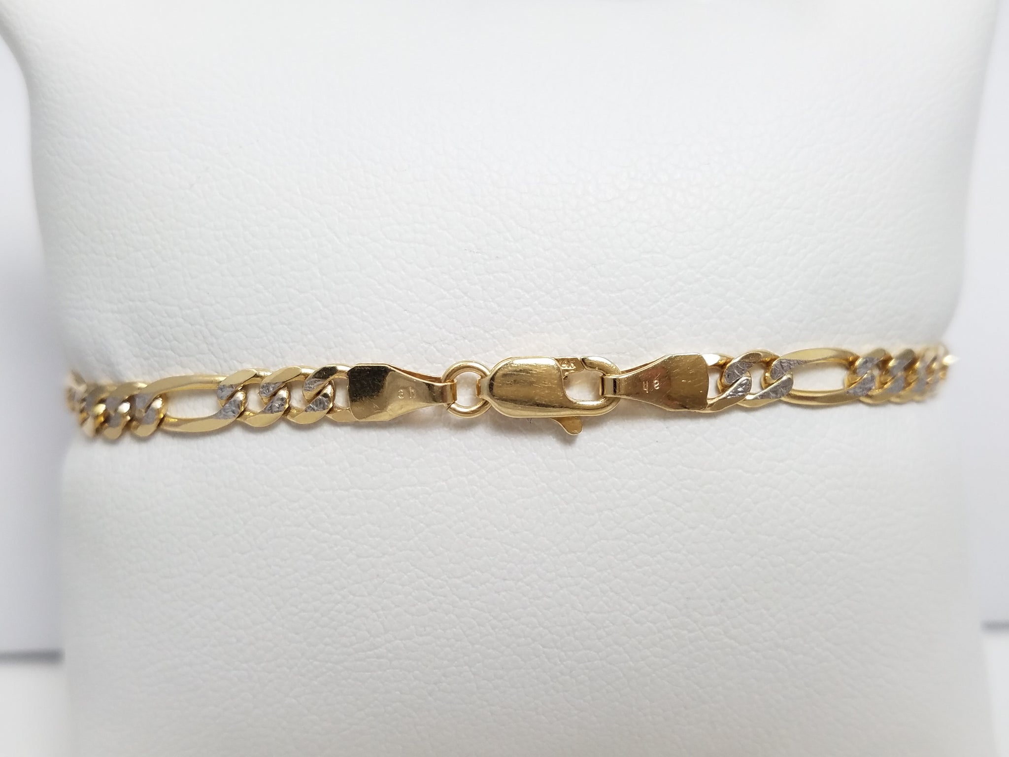 Two Tone Diamond Cut 14k Gold Solid 7" Figaro Bracelet Italy