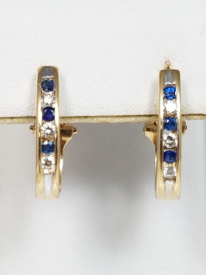 Classic 14k Yellow Gold Natural Sapphire Diamond Hoop Earrings