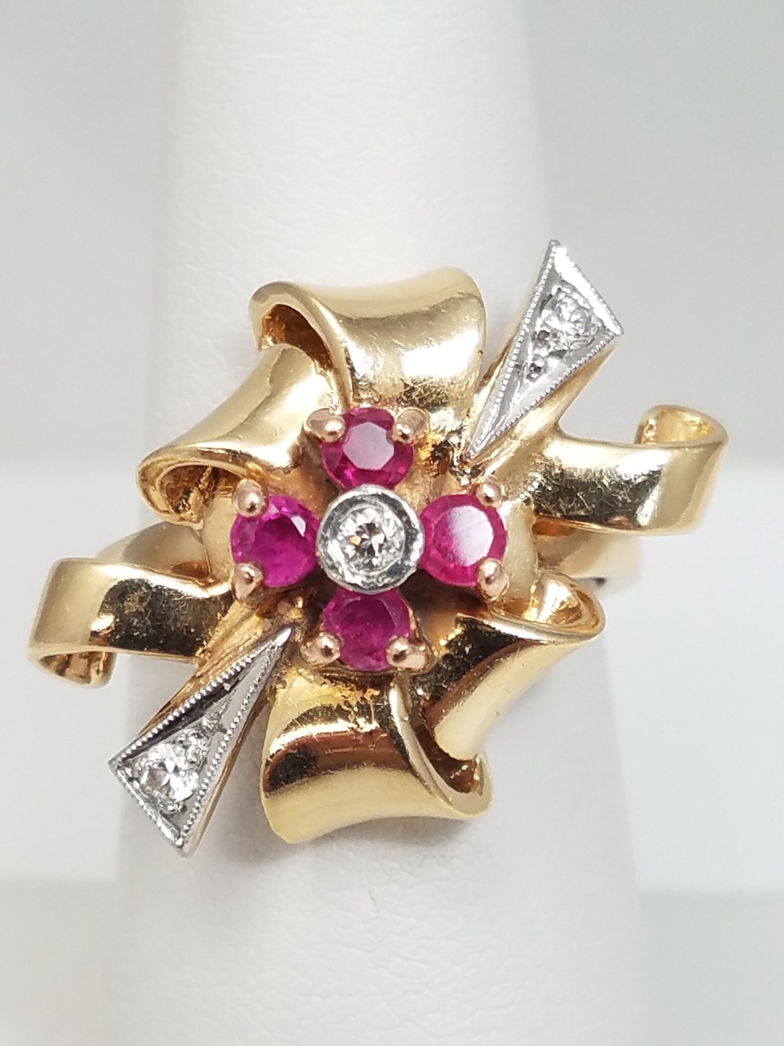 Retro 1940's 14k Yellow Gold Natural Ruby Diamond Custom Ring
