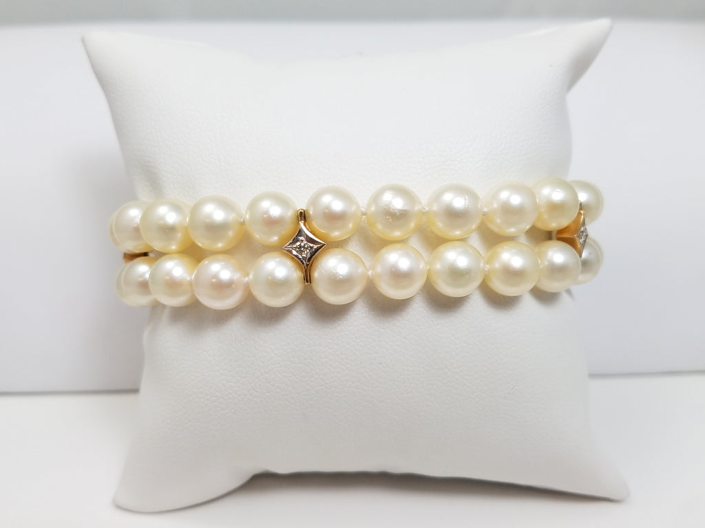 Posh 7.25" 14k Yellow Gold Cultured Akoya Pearl Natural Diamond Bracelet