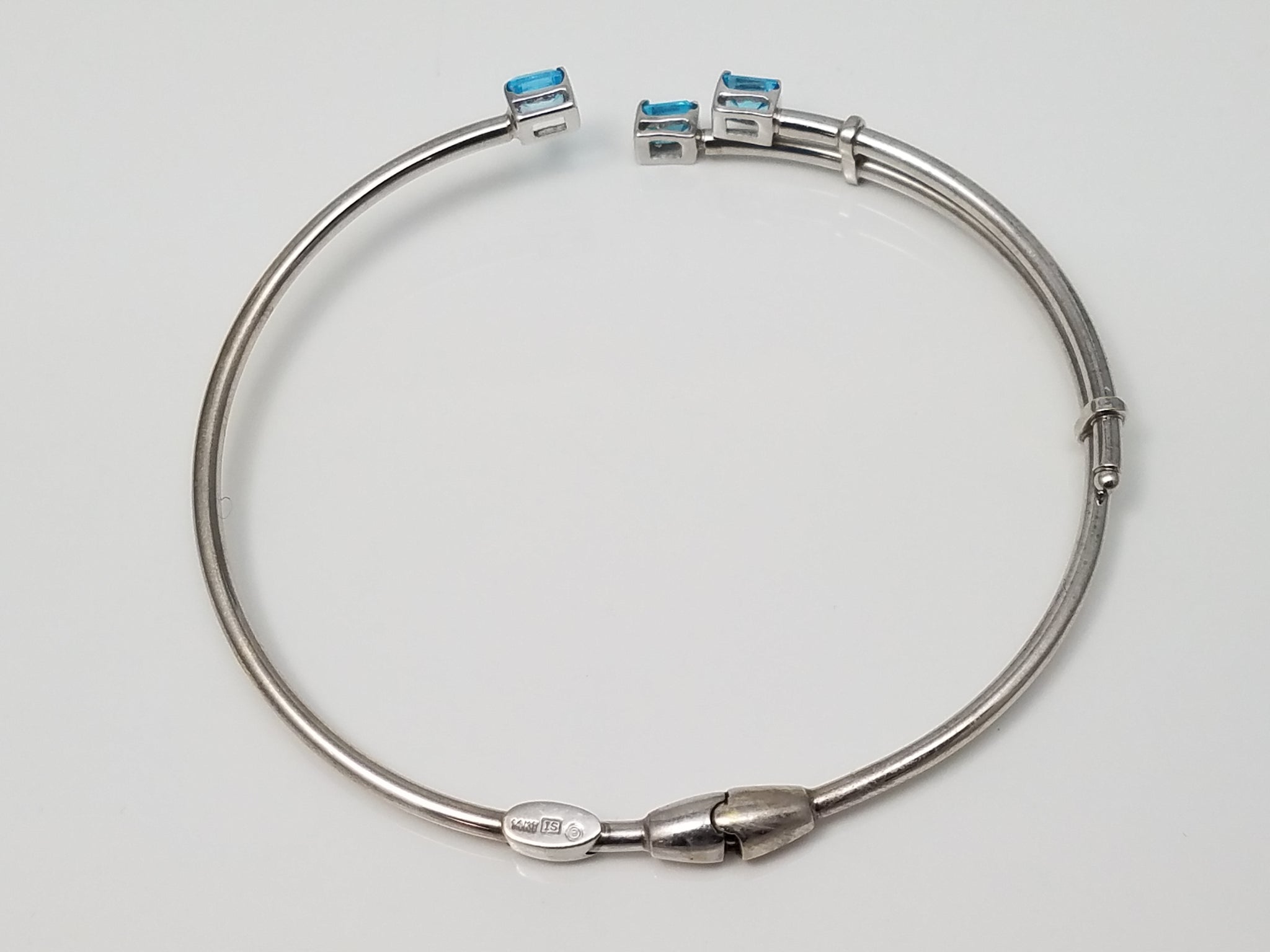 Natural Blue Topaz 14k White Gold Hollow Bangle Bracelet
