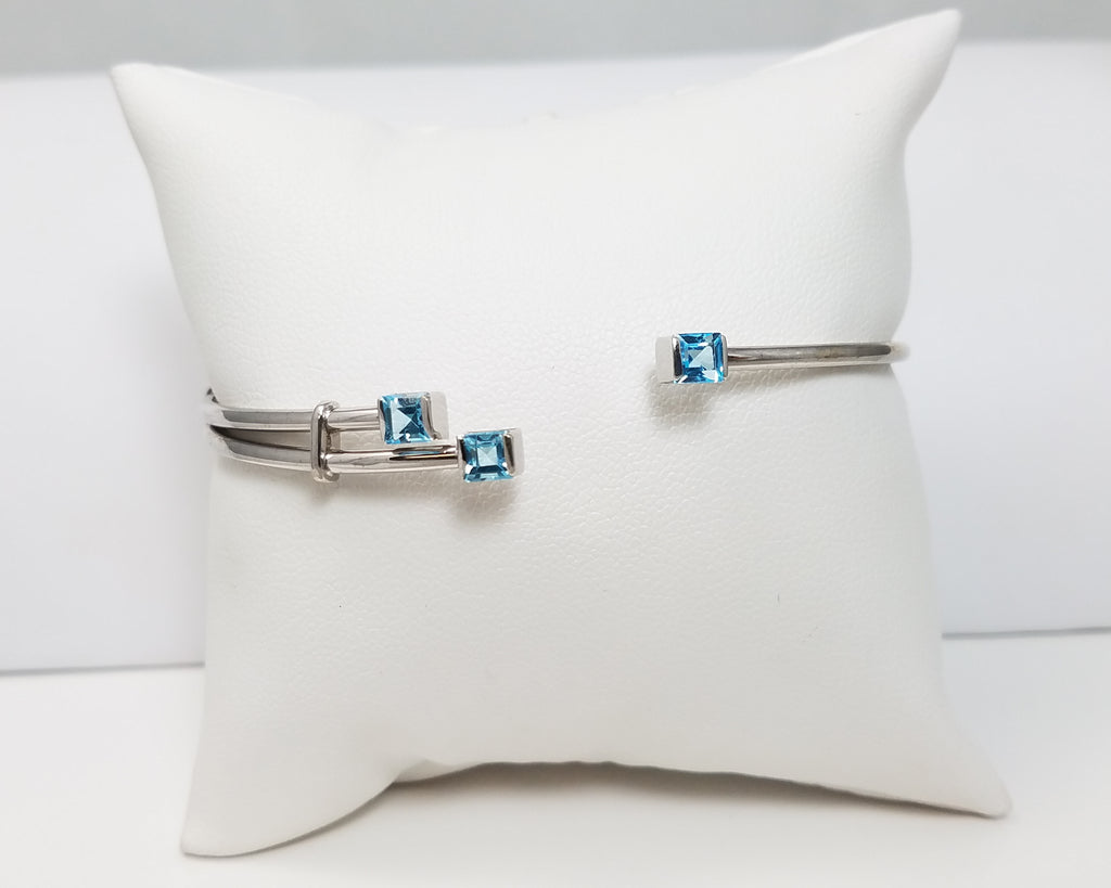 Natural Blue Topaz 14k White Gold Hollow Bangle Bracelet