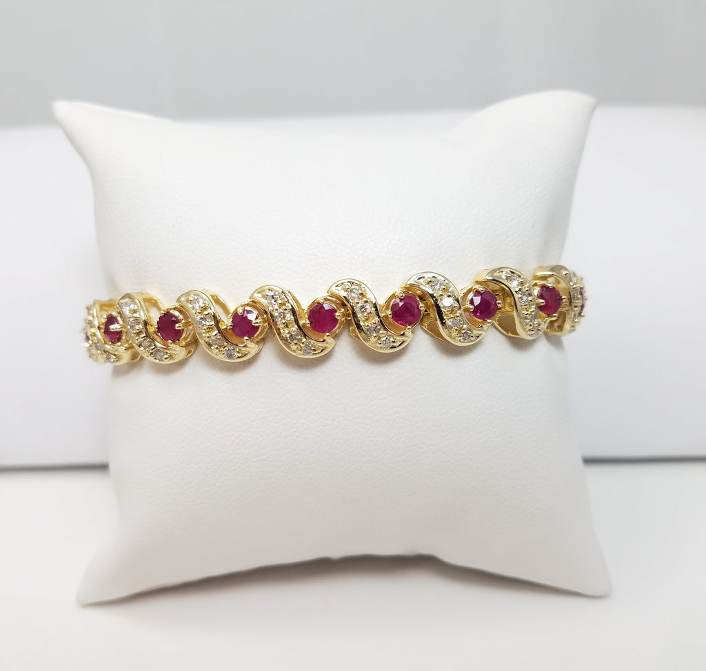 Luxurious 7.25" 14k Yellow Gold Natural Ruby Diamond Custom Bracelet