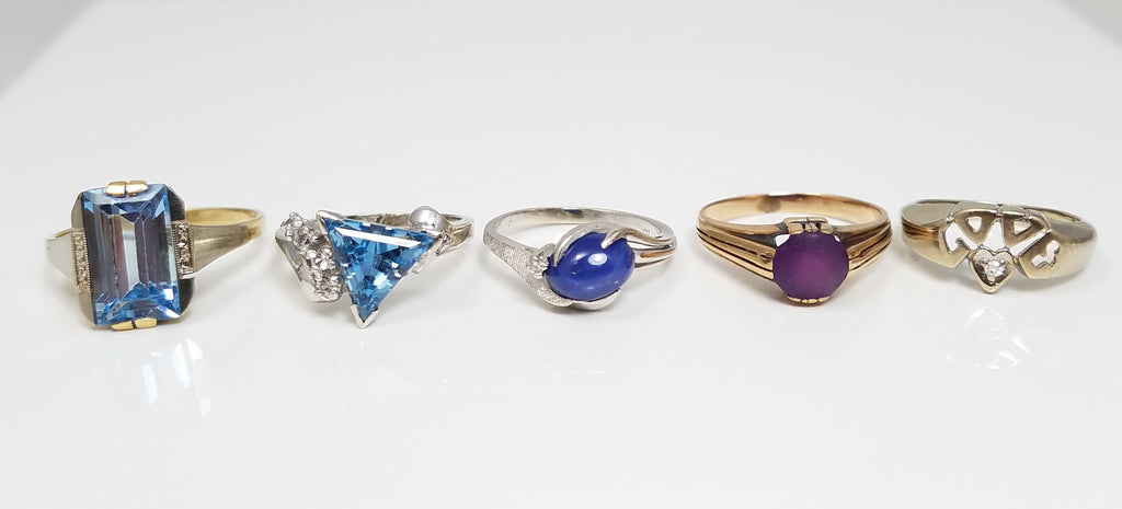 Five Synthetic Gemstone 14k Gold Ring Lot