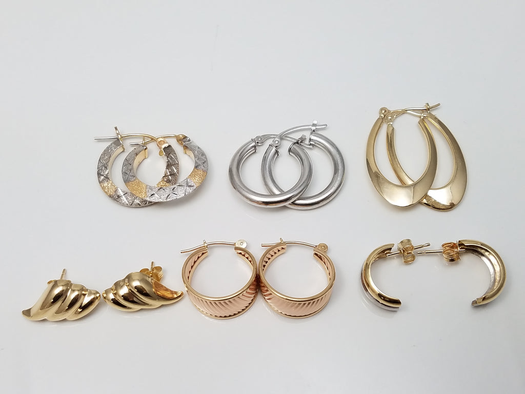 Six Splendid 14k Yellow &amp; White Gold Hollow Hoop Earring Lot