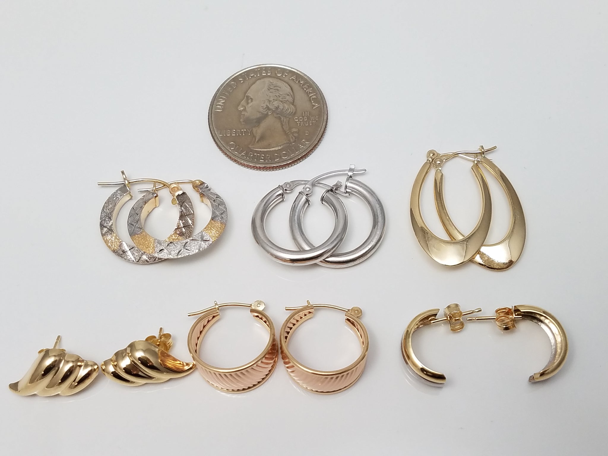 Six Splendid 14k Yellow &amp; White Gold Hollow Hoop Earring Lot