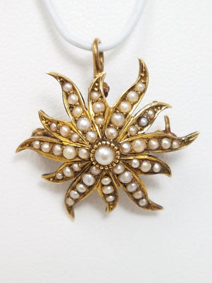 Sophisticated Early 1900's 14k Yellow Gold Pearl Starburst Pin/Pendant