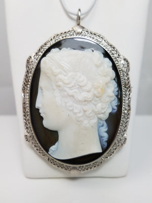 ** Museum Quality ** Exquisite 14k White Gold Antique Natural Stone Cameo Pin/Pendant