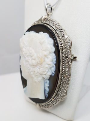 ** Museum Quality ** Exquisite 14k White Gold Antique Natural Stone Cameo Pin/Pendant