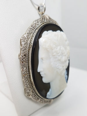 ** Museum Quality ** Exquisite 14k White Gold Antique Natural Stone Cameo Pin/Pendant