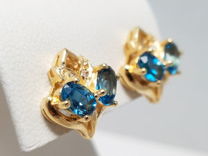 Modern 14k Yellow Gold Natural Blue Topaz Diamond Earrings