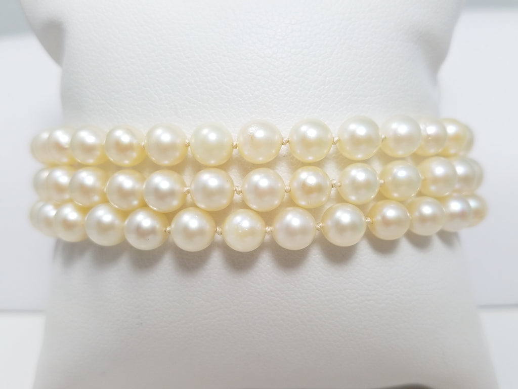 Sophisticated 14k White Gold Cultured Akoya Pearl Triple Strand Bracelet
