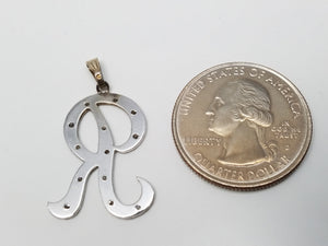 Simple 14k White Gold Natural Diamond "R" Pendant