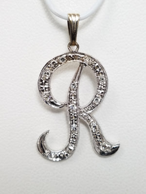 Simple 14k White Gold Natural Diamond "R" Pendant