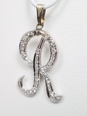 Simple 14k White Gold Natural Diamond "R" Pendant