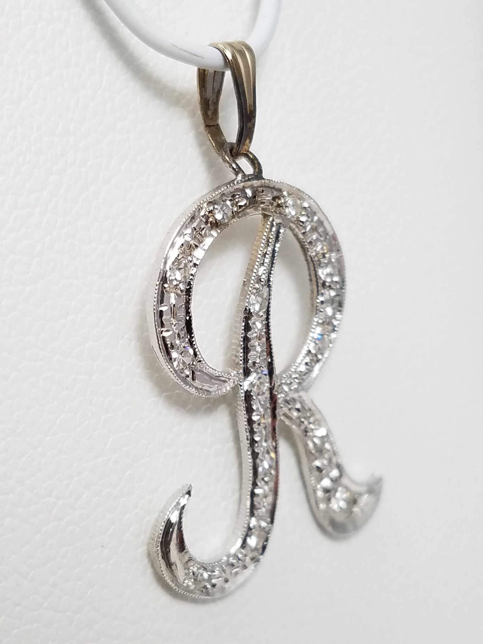 Simple 14k White Gold Natural Diamond "R" Pendant