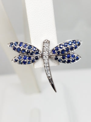 Enchanting 14k White Gold Natural Sapphire Diamond EFFY Dragonfly Lapel Pin