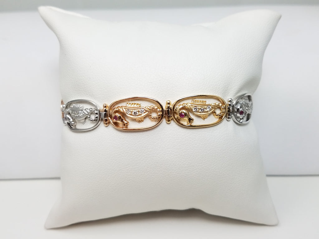 Cute 6.75" 14k Tri Color Gold Natural Ruby Diamond Seahorse Bracelet