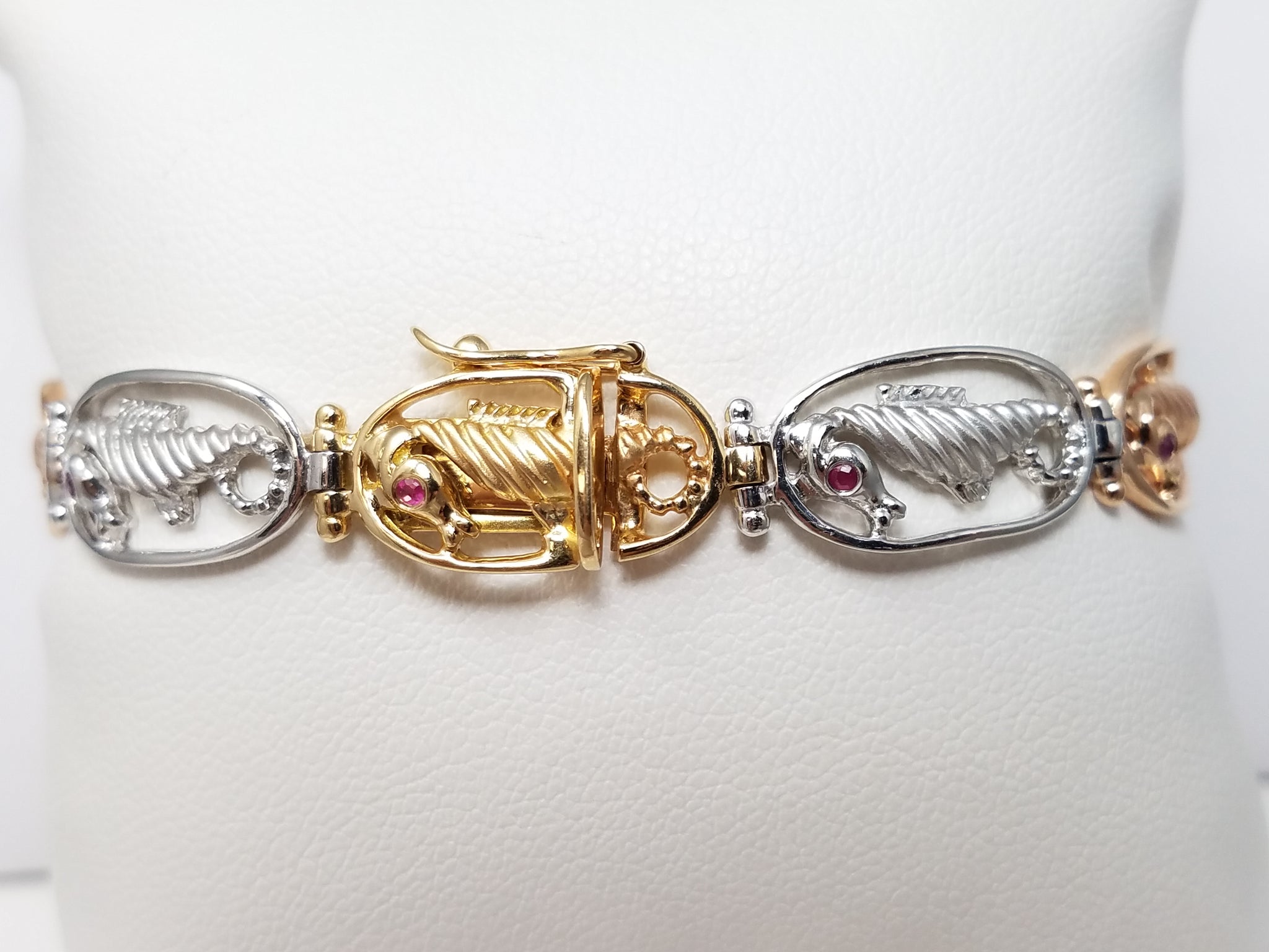 Cute 6.75" 14k Tri Color Gold Natural Ruby Diamond Seahorse Bracelet